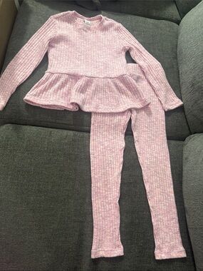 Pink Ribbed Peplum Top & Legging Set